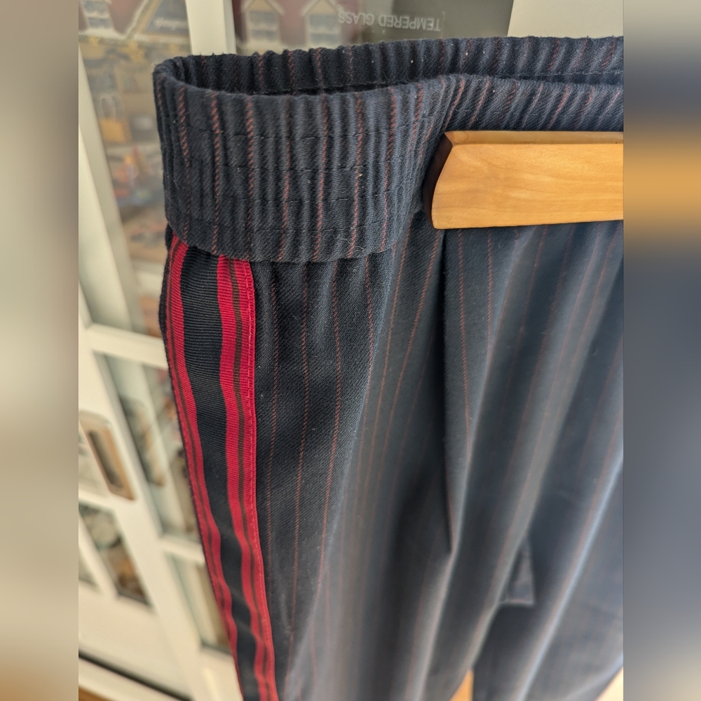 Zara pinstripe, banded joggers, size M, navy and red